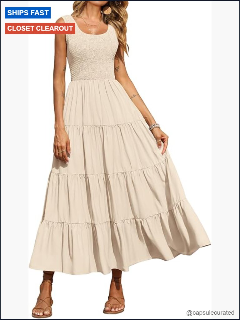 Smocked Tank Maxi Dress Sleeveless Tiered Long Dress Summer Beach Sun Dress
